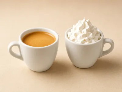 Illustrative photo for Brown Sugar Oatmilk Cortado: espresso shot and an espresso topped with whipped cream in white cups (not an official Starbucks photo)