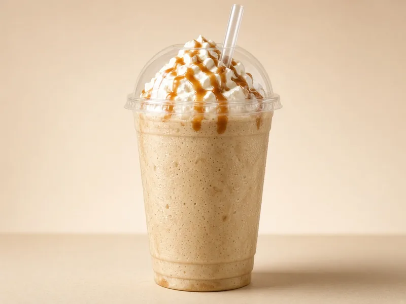Illustrative photo for Coffee Frappuccino: blended coffee frappe with whipped cream and caramel drizzle in a clear cup (not an official Starbucks photo)