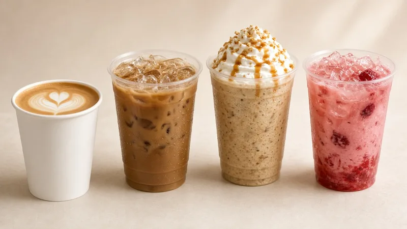 Illustrative photo of assorted coffee-shop drinks: hot latte, iced coffee, whipped frappe and pink fruit drink (not official Starbucks photos)