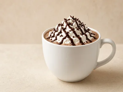 Illustrative photo for Hot Chocolate: hot chocolate with whipped cream and chocolate drizzle in a white mug (not an official Starbucks photo)