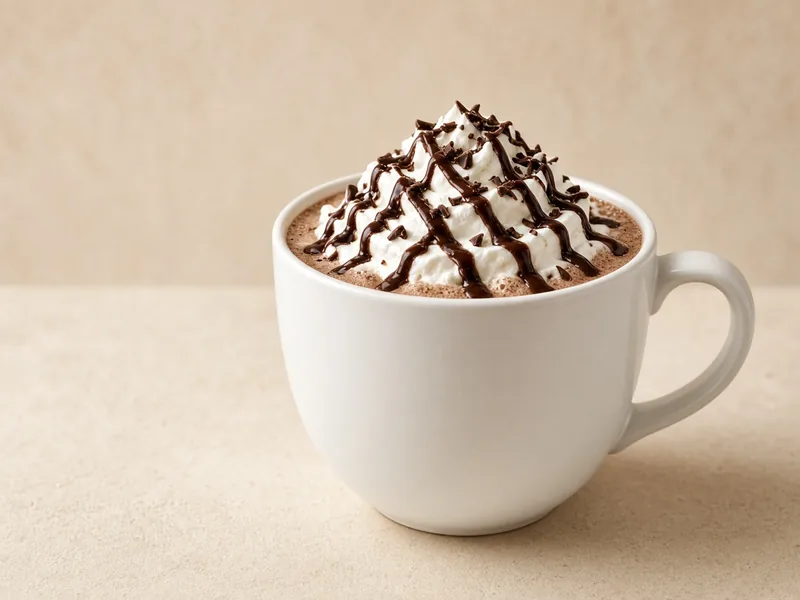 Illustrative photo for Pistachio Crème: hot chocolate with whipped cream and chocolate drizzle in a white mug (not an official Starbucks photo)