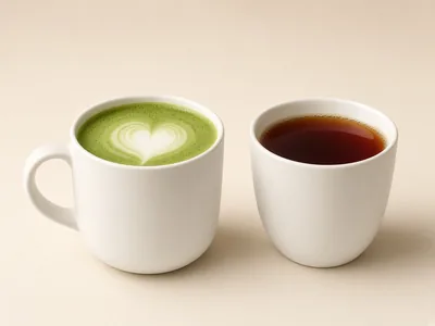Illustrative photo for Caramel Protein Matcha: matcha latte and hot black tea in white mugs (not an official Starbucks photo)