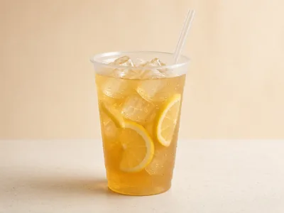 Illustrative photo for Iced Black Tea: iced tea lemonade with lemon slices in a clear cup (not an official Starbucks photo)