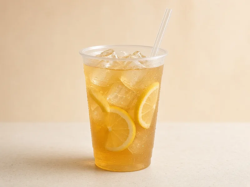 Illustrative photo for Lemonade: iced tea lemonade with lemon slices in a clear cup (not an official Starbucks photo)
