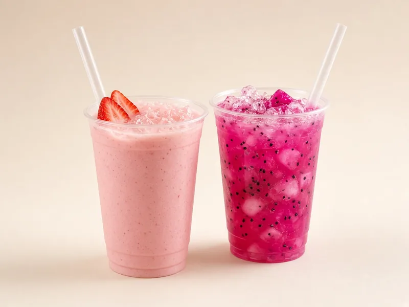 Illustrative photo for Iced Chaider: pink strawberry drink and magenta dragonfruit iced drink in clear cups (not an official Starbucks photo)